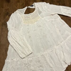 Blue B Bohemian Eyelet Flowy Lace White Blouse L Coquette